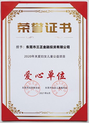 6月3日上午，東莞市婦聯(lián)聯(lián)合市委組織部、市直工委、市婦女兒童福利會共同啟動了2021年東莞市婦女兒童“黨群公益匯”活動。啟動議式上，三正金融投資公司被授予“愛心單位”榮譽證書。